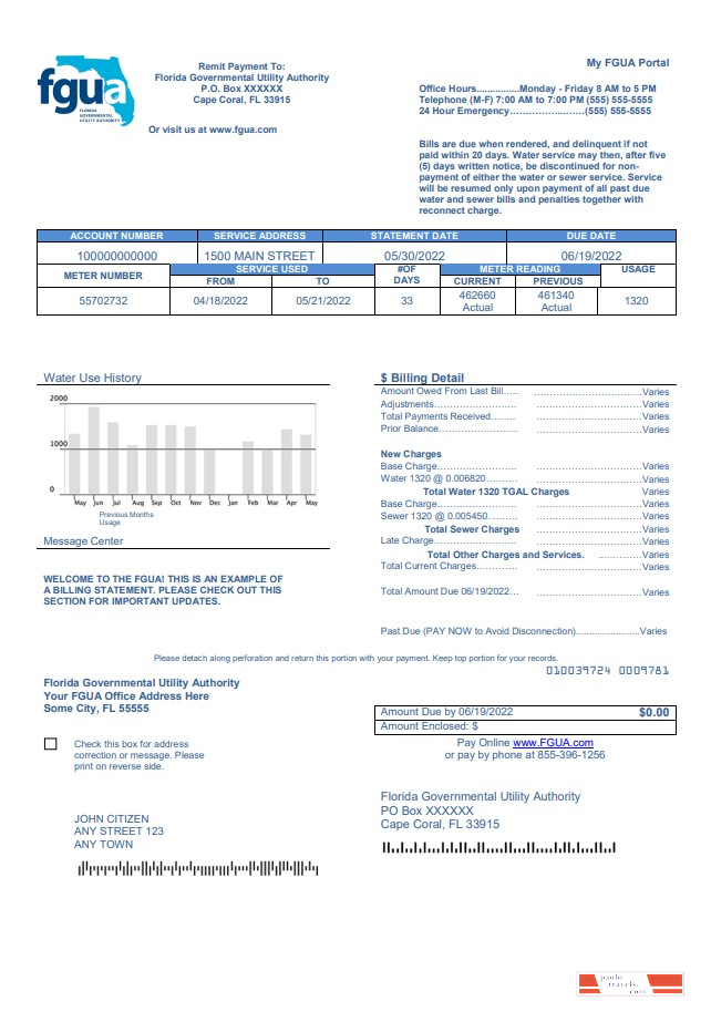 USA Florida FGUA utility bill template in Word and PDF format